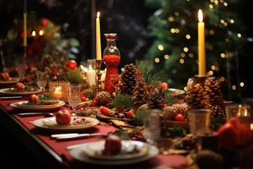 Fotobehang Table served for Christmas dinner. Living room decorated with lights and Christmas tree. AI generated © barmaleeva