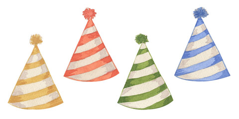 Watercolor set of Birthday party hats. Red, blue, green and yellow party cones. Christmas caps collection in delicate colors. Hand drawn illustration isolated on transparent.