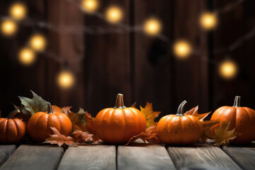 Mini thanksgiving pumpkins and leaves on rustic wooden table with lights and bokeh on wood background. AI generated