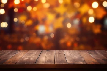 Fotobehang Empty dark wood table top with blurred bright Thanksgiving background. AI generated © barmaleeva