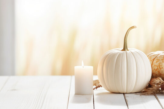 Thanksgiving white pumpkin and candle decorations on a white painted wood table. Halloween, Thanksgiving party concept. Festive fall design. AI generated