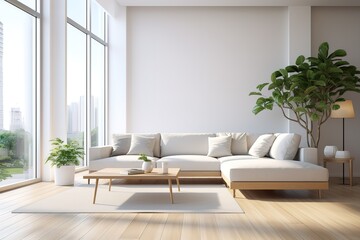 Stylish living room interior with modern light couch and home plants | Stylish white modern living room interior, home decor | Wall mock up in living room. Scandinavian interior,Generative AI - obrazy, fototapety, plakaty