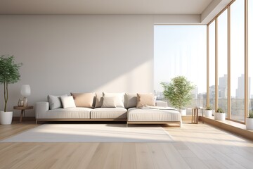 Stylish living room interior with modern light couch and home plants | Stylish white modern living room interior, home decor | Wall mock up in living room. Scandinavian interior,Generative AI