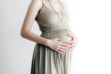 A pregnant girl holds her hands on her stomach, woman has bloating and flatulence. Gas formation in the intestines in pregnant, improper functioning of the gastrointestinal tract. Generated A