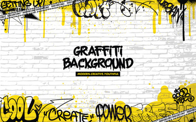 Graffiti background with throw-up and tagging hand-drawn style. Street art graffiti urban theme in vector format. - obrazy, fototapety, plakaty