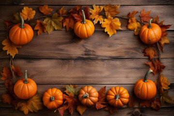 seasonal wooden background autumn halloween pumpkin wood fall leaf season orange. Generative AI.