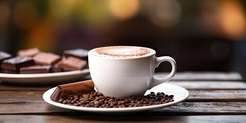 White cup of hot chocolate on blurred cafe background on vintage wooden Table