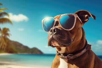 Fototapeta na wymiar Dog wearing sunglasses ast the beach. Travel concept.
