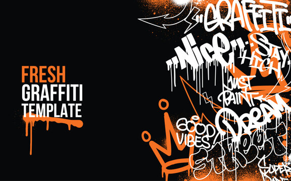 Graffiti background with throw-up and tagging hand-drawn style. Street art graffiti urban theme in vector format.