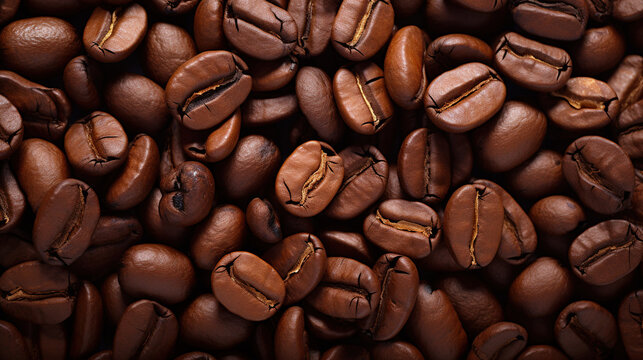 Coffee Beans: Description: A close-up image of freshly roasted coffee beans. The beans have a rich, dark brown color with a glossy sheen. The aroma emanating from the beans indicates their freshness, 