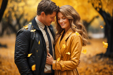 Fototapeta premium Romantic couple of lovers hugging in autumn park