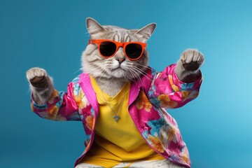Cat wearing colorful clothes and sunglasses dancing on the green background - obrazy, fototapety, plakaty