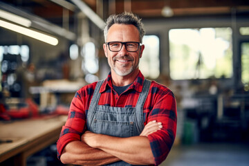 Portrait of smiling joyful satisfied handsome craftsman wearing apron and glasses working in own wooden workshop, successful small business