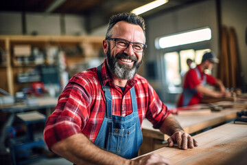 Portrait of smiling joyful satisfied craftsman wearing apron and glasses working in own wooden workshop, successful small business
