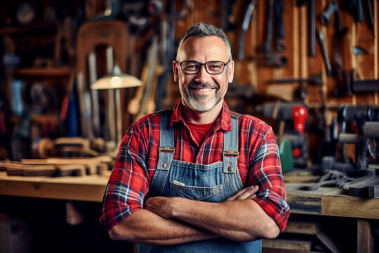 Portrait of smiling joyful satisfied craftsman wearing apron and glasses working in own wooden workshop, successful small business