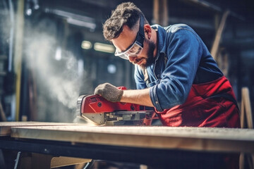 Carpenter working with circular saw on wooden plank in workshop. Craftsman with successful small business