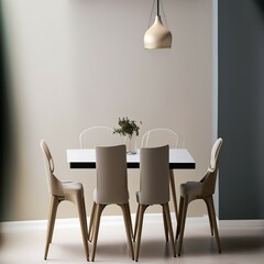 A simple yet stylish dining chair with clean lines and a neutral color scheme, set at a modern dining table.