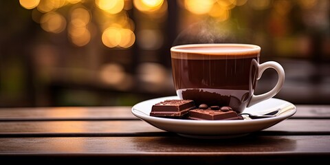 Obraz premium White cup of hot chocolate on blurred cafe background on vintage wooden Table