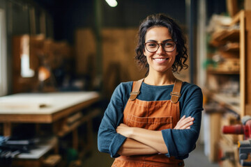 Portrait of smiling joyful satisfied craftswoman wearing apron and glasses working in her wooden workshop
