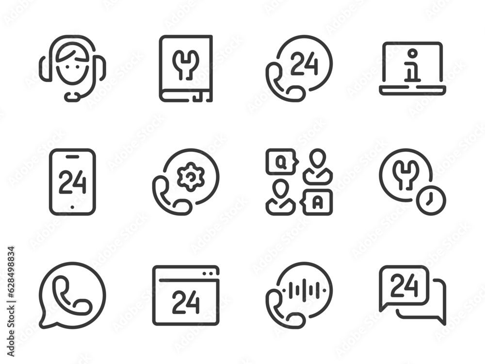 Poster customer support service and helpline vector line icons. assistance and consulting outline icon set.