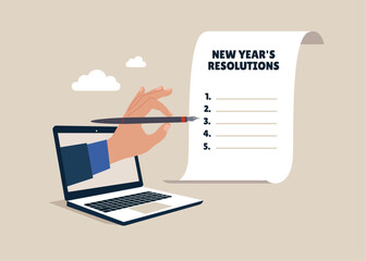 Computer holding holding pen. Set goal  for new year or beginning with work challenge. Vector illustration