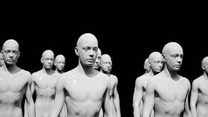 Army of robots. A crowd of cyborg workers marching in formation. 3D render