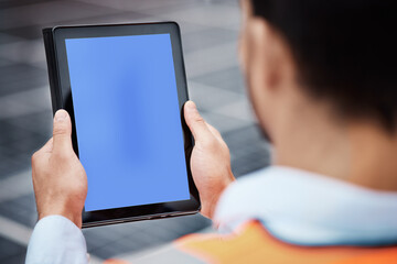 Man, hands and tablet mockup on rooftop for communication, construction or outdoor networking. Closeup of male person, architect or engineer working on technology display or mock up space in the city