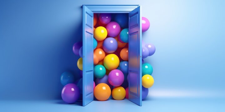 3D render. Abstract festive background. Multicolored balloons inside the open blue door. Party wallpaper. Surprise concept © Eli Berr
