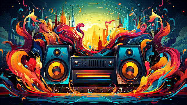 Sound Multimedia Art Soundsystem Hifi Audio Soundbox Lautsprecher Membran Radio Membrans abstrakt bunter Style im Querformat. Generative Ai. 