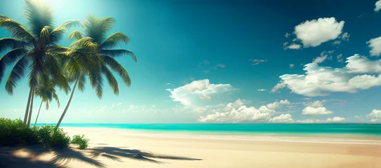 Fototapeten Tropical sand beach with palm trees and sea waves landscape. Tropic island wallpaper background. Summer holiday travel concept. © hitdelight