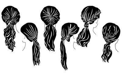 Low ponytail hairstyle silhouette set with retro waves, stylish women's styling for long hair