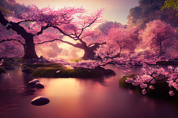 Asian garden with sakura trees and pond. Landscape with cherry blossom falling in lake with bokeh light. Springtime fine art background. - 628500248