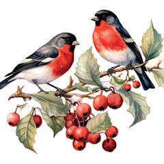 Christmas Bullfinches watercolor in hand drawn style. Vector illustration design element.