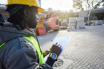 black man engineering supervisor, is counting the materials of the construction site