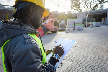 african ethnicity man engineer, checking construction site materials list