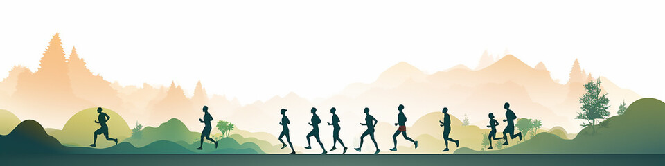 Obraz na płótnie Canvas marathon, runners running in nature drawing flat graphics background minimalism