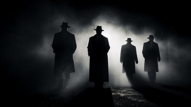 mafia black figures come out silhouettes from the night fog black and white photo