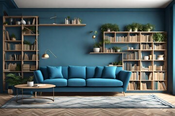 Interior of modern living room with blue sofa, bookshelf and shelves, 3d illustration