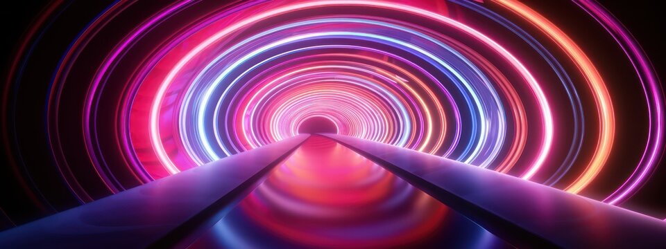 3d render. Abstract neon background of perspective view of spiral tunnel and glossy floor reflection