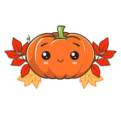 Cute pumpkin character with a autumn leaves. Illustration on transparent background