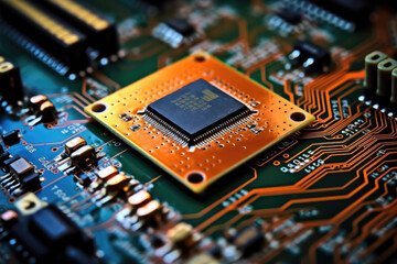 Fototapeta na wymiar Selective focus of an electronic circuit that features an integrated circuit or processor of a sophisticated computer device