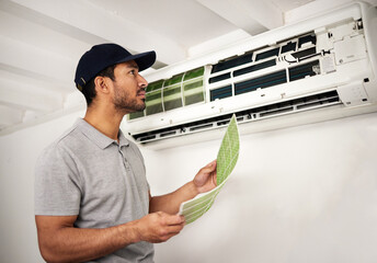 Handyman service, air conditioner technician and man, working on ventilation filter and ac repair....