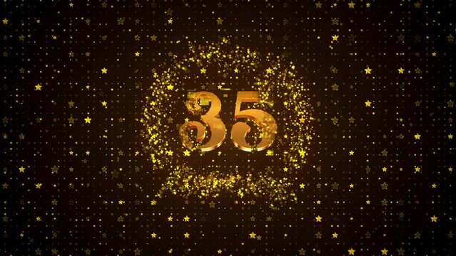 Luxury Motion View Golden Shiny Happy 35th Anniversary Logo reveal On Golden Brown Twinkle Star Shape Particles Sparkle Pattern Background