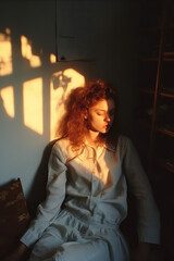 Fototapeta premium portrait of a woman/model/book character standing by a window in shadows with a thoughtful/sad expression -mental health, depression, therapy - in style film photography look - generative ai art