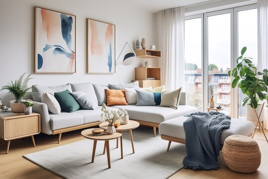 Stylish scandinavian living room with design furniture, plants, bamboo bookstand and wooden desk. Brown wooden parquet. Abstract painting on the white wall. Nice apartment,Generative AI