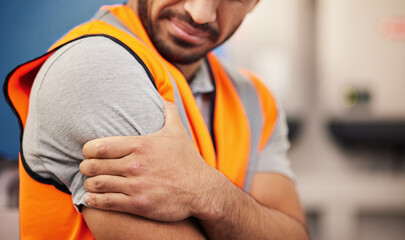 Hand, construction worker and arm pain from building, handyman injury or maintenance stress. Sad,...