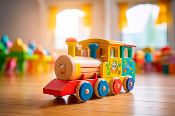 Colorful wooden toy train on floor Children's room