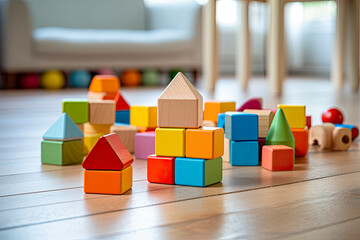 Colorful wooden toy blocks on wooden table in the Children's room