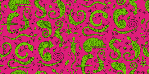Lizard characters, jungle animal. Chameleon seamless pattern for your design © Kudryashka