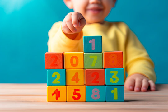 close up of a child's hand picking up a wooden toy blocks with a Children's room background